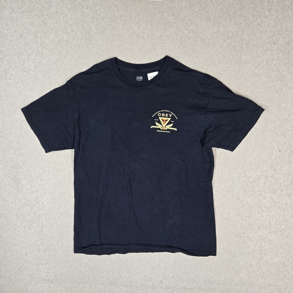 Obey Men Shirt L Navy Propaganda Logo Graphic Print Short Sleeve Crew Neck Tee